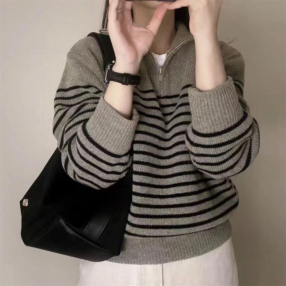Women's French Retro Striped Half-Zip Knit Sweater - High Neck, Loose Fit for Autumn/Winter