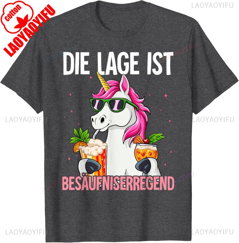 Lustiges T-Shirt Die Lage Ist Besäufniserregend Baumwolle Lässig Neuankömmling Atmungsaktiv für Herren Damen Party Pferdemuster Gedrucktes T-Shirt