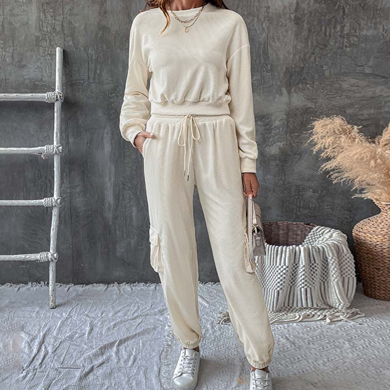 

Женский однотонный текстурный повседневный спортивный костюм осень-зима свободный толстовка с капюшоном и высокой талией на шнуровке спортивные штаны комплект из двух предметов XL бежевый