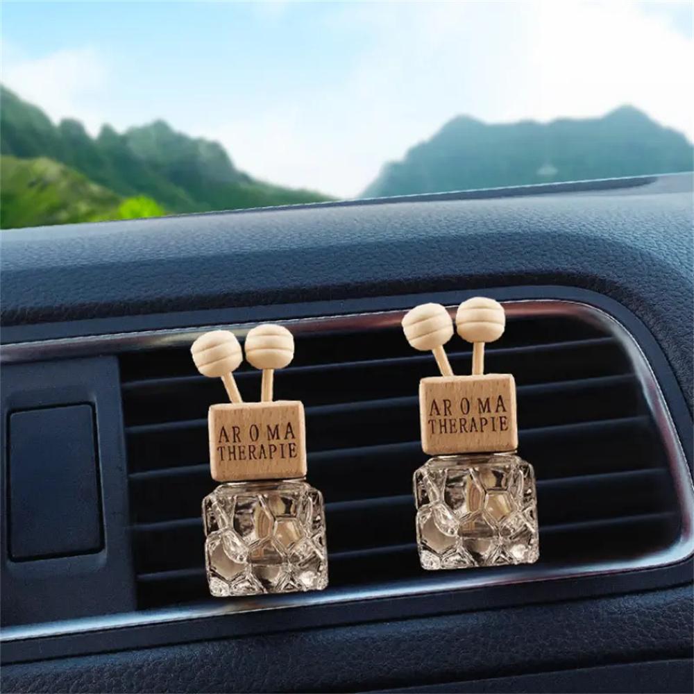 0.27oz Water Cube Air Outlet Perfume Empty Bottle Car Glass Diffuser Bottle Wooden Cap Freshener With Clip Vehicle Fragrance Dec