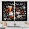 2 Stück 3D-Kaffeeillustration, Kaffeevorhangstangentasche, schwarz, handbemalt, Kaffeeelement, bedruckt, lichtfilternder Küchenvorhang