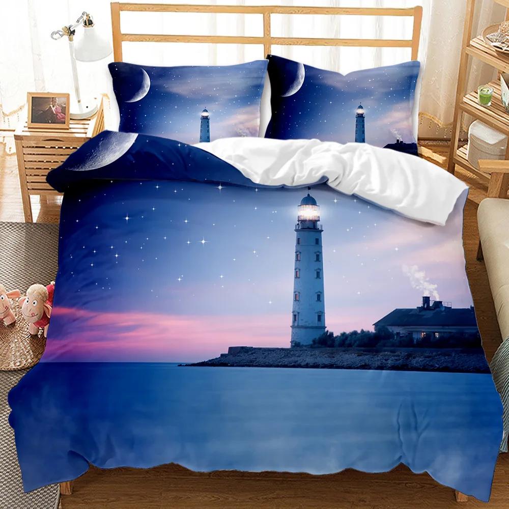 Lighthouse Duvet Cover Ocean Comforter Cover Nautical Quilt Cover Sunset Nature Double Queen King Size Polyester Bedding Set