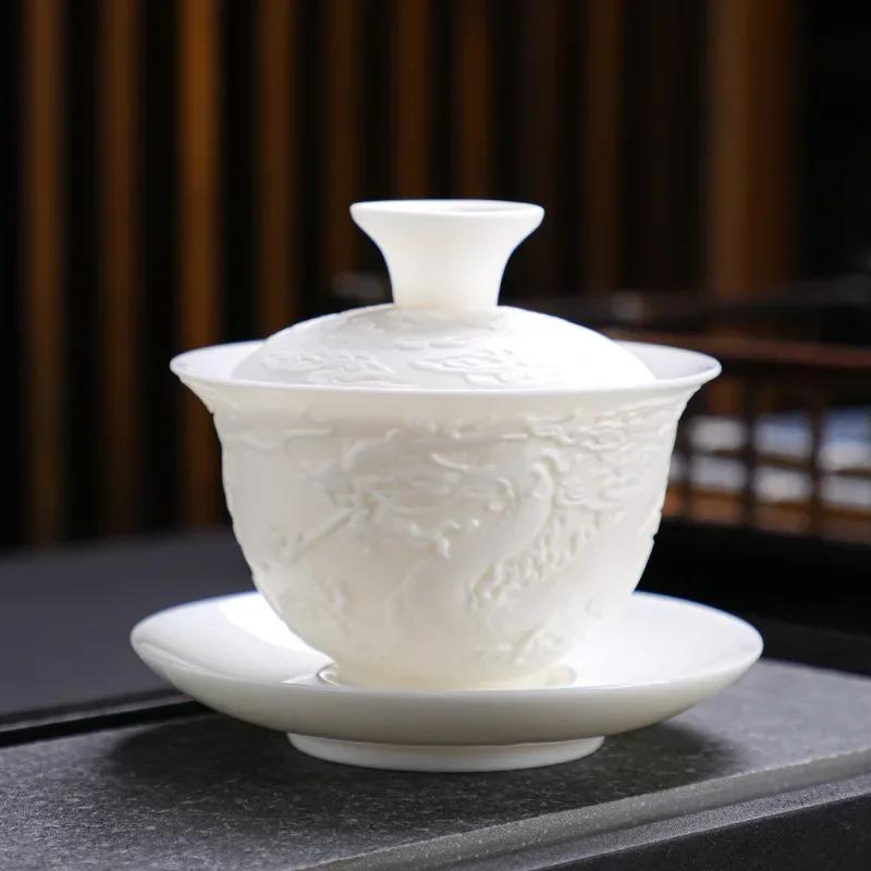 White Porcelain Kung Fu Tea Set White Jade Relief Tureen Ceramic Business Gift Simple Portable Dragon and Phoenix Cups Gaiwan