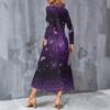 Women Plus Size V Neck Long Sleeve Purple Butterfly Print A Line Midi Dress With Pockets