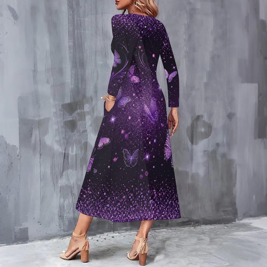 Women Plus Size V Neck Long Sleeve Purple Butterfly Print A Line Midi Dress With Pockets