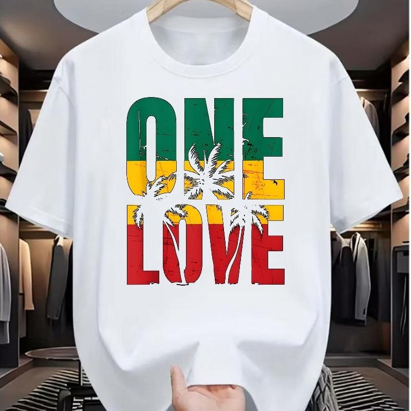 

European Size ONE LOVE Coconut Breeze Men s Casual Digital Print T-Shirt - , Round Neck, Short Sleeve, Street Hip-Hop Style, Summer European M білий
