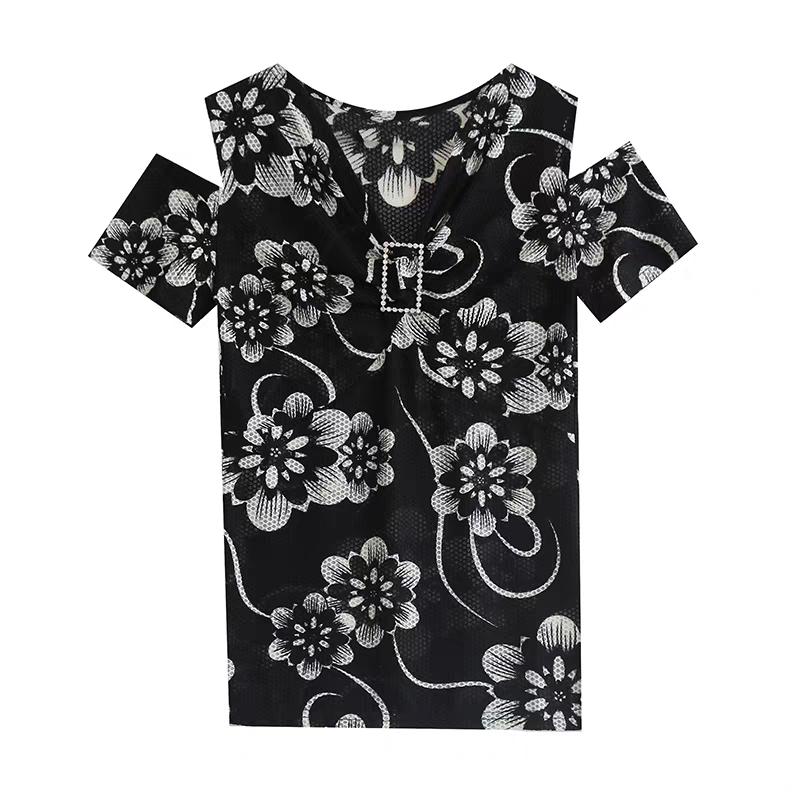 Summer Off Shoulder Women's Print Flower T-Shirt Sexy V-Neck Hot Diamonds Tops Chic Short Sleeve Fashion Blouse