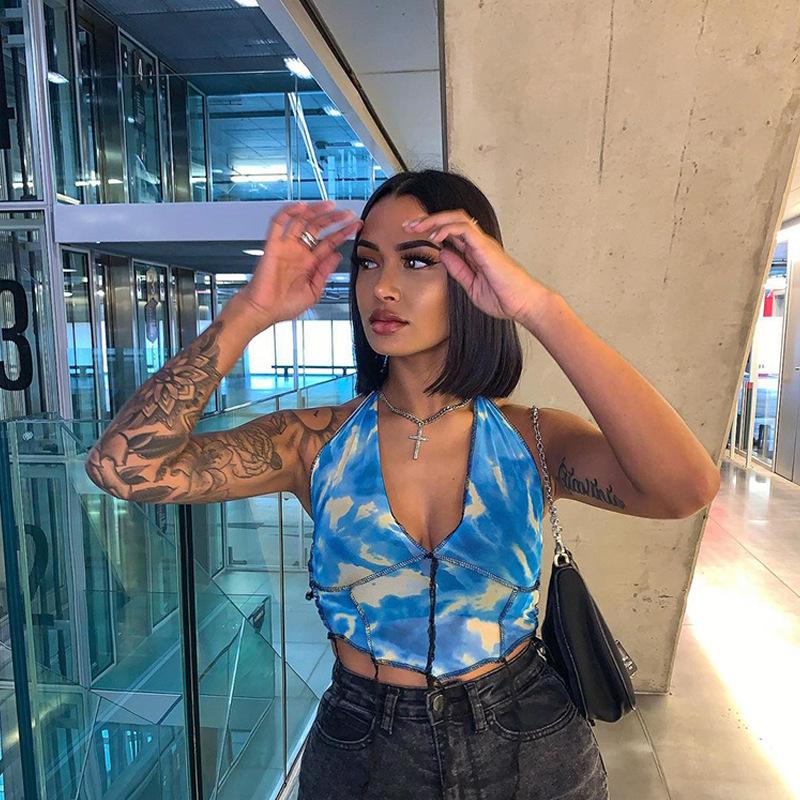 JH5821 European & American Sexy Lace-Up Spaghetti Strap Print Top for Women