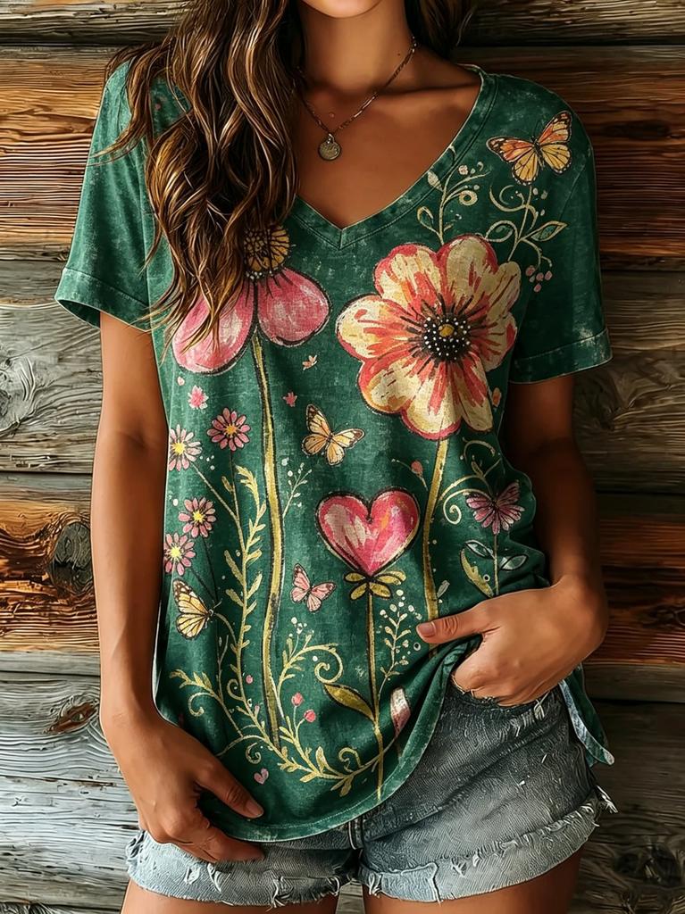 Women's V-Neck Beige Sunflower Rainbow & Hearts Print Short Sleeve T-Shirt, Casual Tops for Spring & Summer