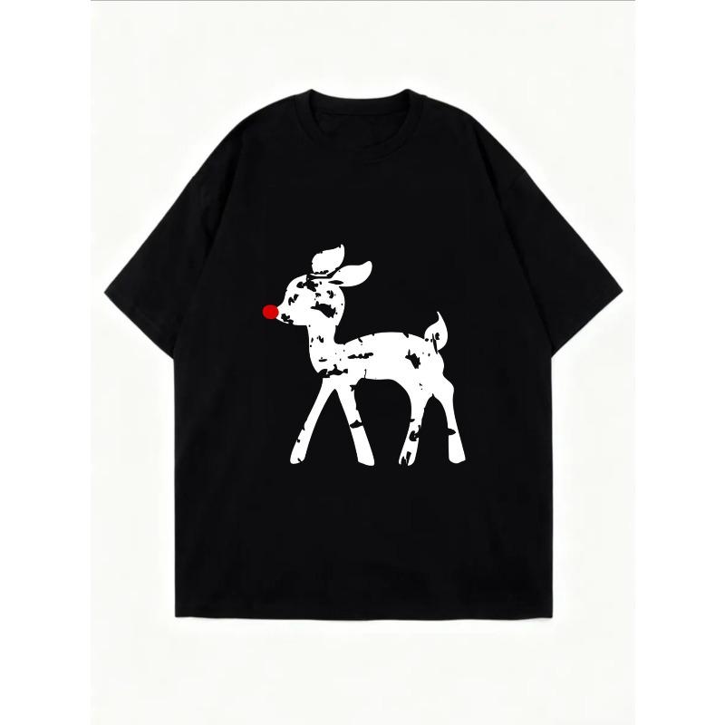 White T Shirt With Reindeer Print For Casual Wear
