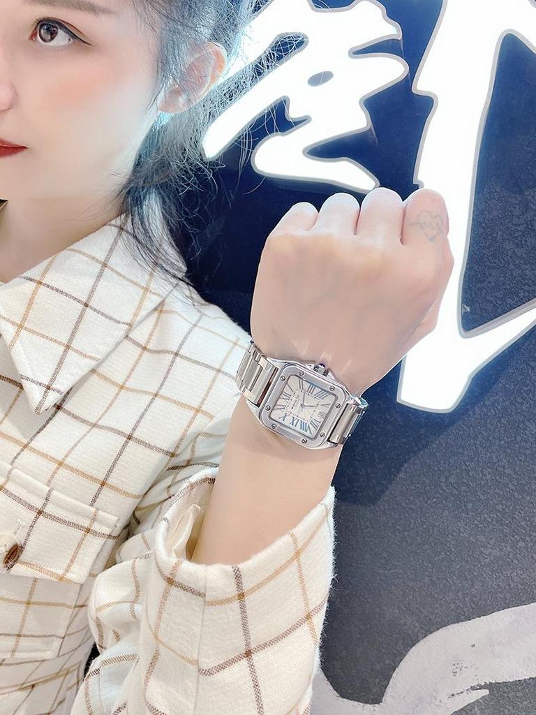 Modny zegarek Santos Square: Unisex Stalowy Pasek, Kalendarz, Wodoodporny, Kwarcowy