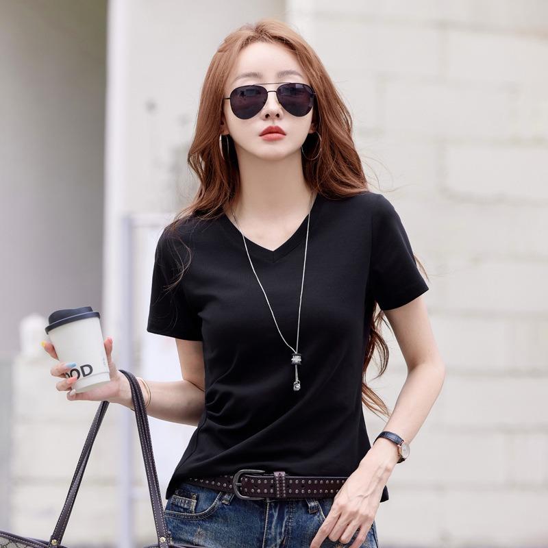 Fashionable and Casual Summer New Versatile V-neck T-shirt Pure Cotton Pot-covering T-shirt for Women Making You Look Slimmer