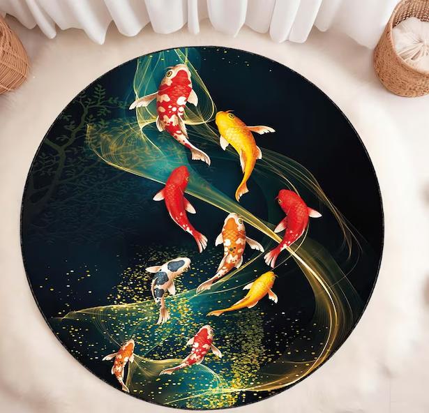 Koi Fish Round Rug Japanese Style Flannel Area Carpet with Water Waves Koi Fish Japanese Rug Mat Koi Fish Home Decor Fish Gift