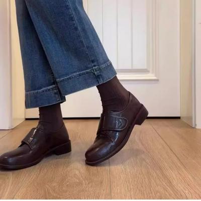 Version peau de mouton~ Repérez des petites chaussures en cuir rondes littéraires et rétro pour femmes, printemps nouveau, mocassins à plateforme Velcro, chaussures simples