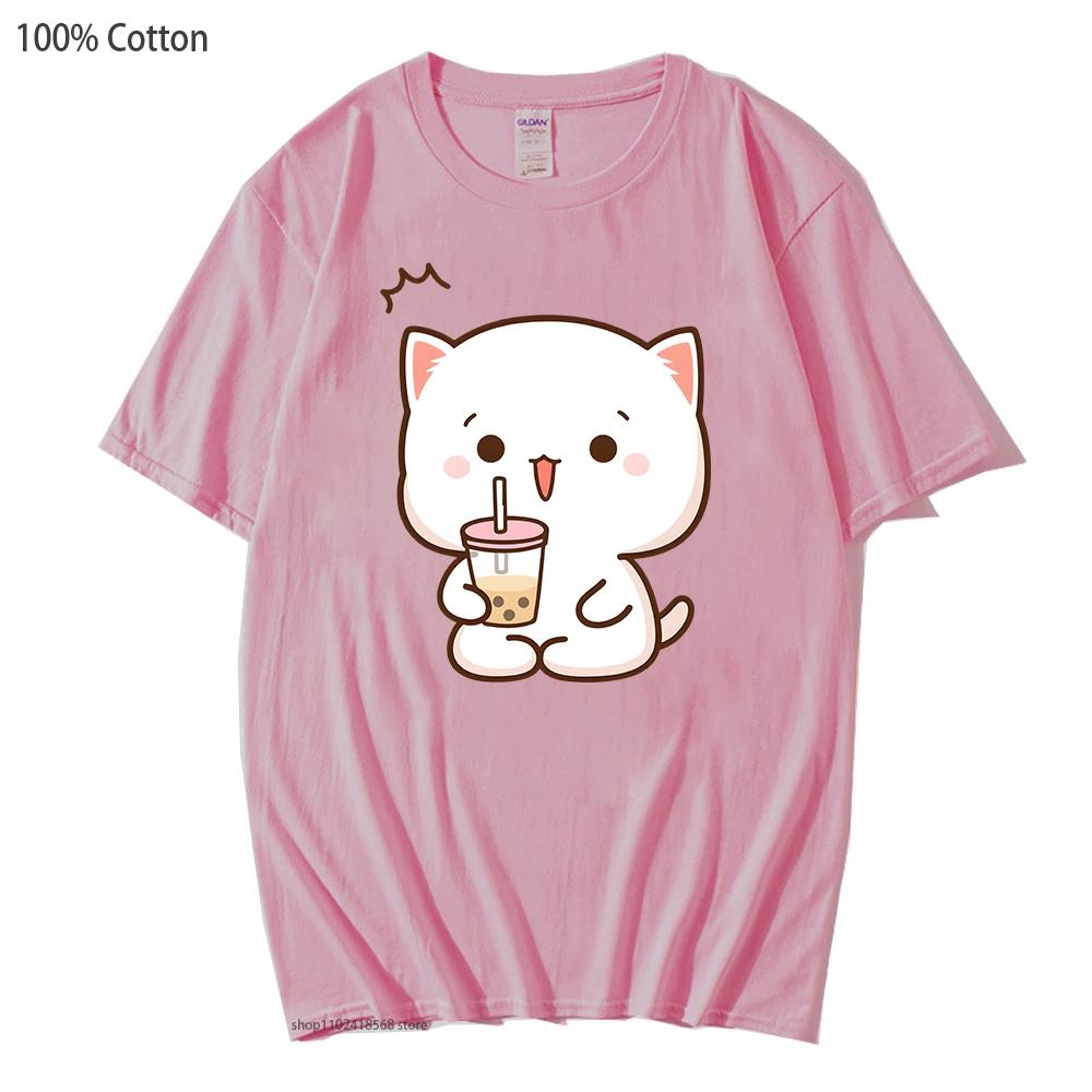 Camisetas Estampadas Gato Pêssego Femininas Mochi Bebida Chá de Bolhas Camiseta Desenho Animado Kawaii Tops para Meninas 100% Algodão Camisetas Roupas Gráficas Fofas