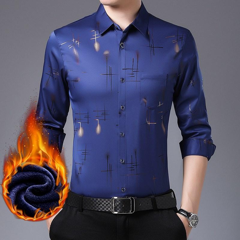 Camicia Invernale Calda Stampata da Uomo Camicia Casual da Uomo di Mezza Età in Velluto Ispessito Stile Invernale