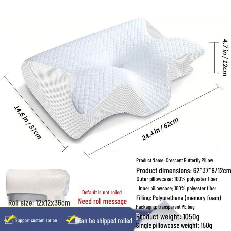 Butterfly Memory Foam Cervical Neck Support Pillow - Non-Collapsing Ox Horn Design