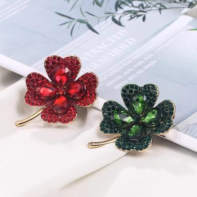 Rhinestone Clover Brooches For Women Green And Red Color Pin Peace And Health Plant Jewelry