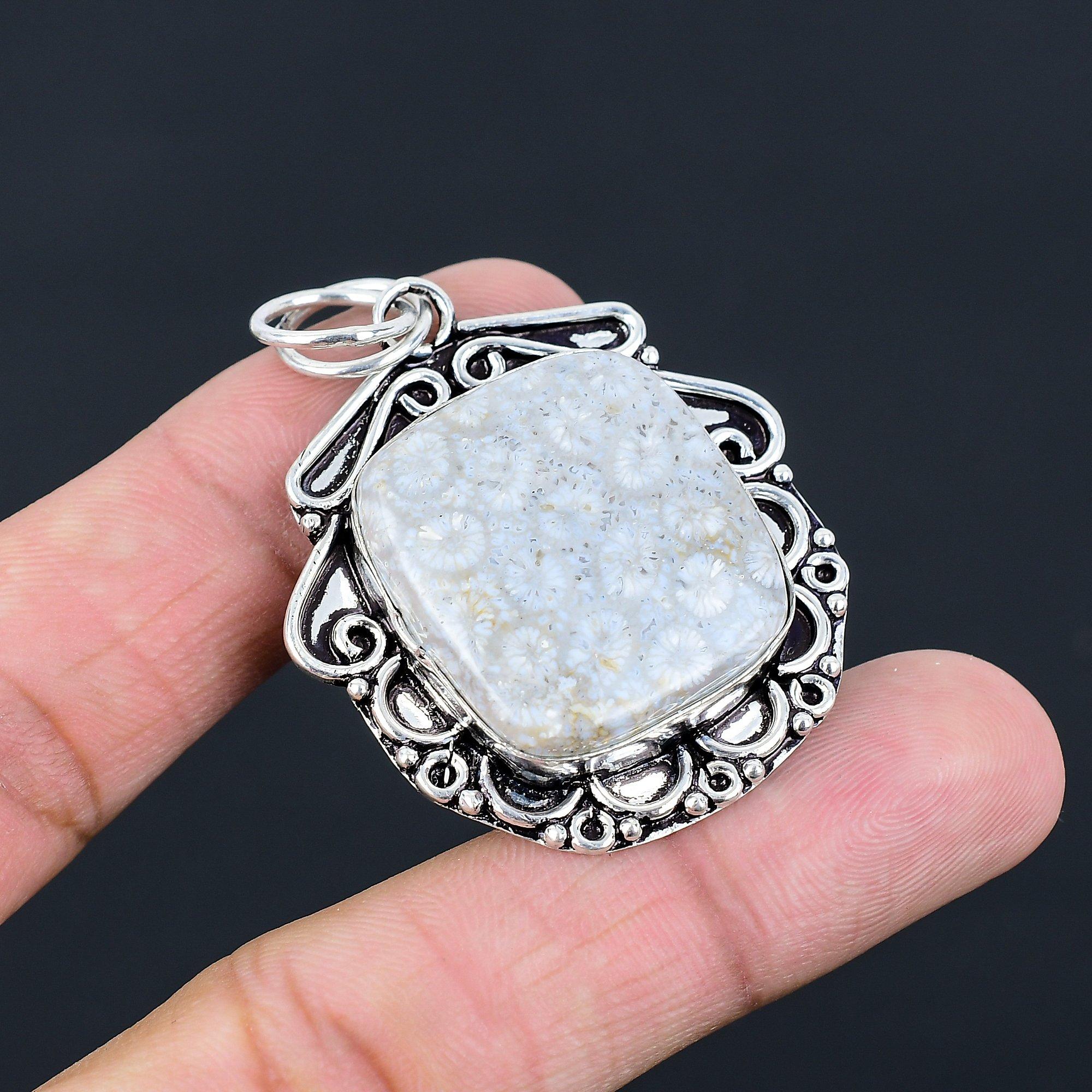 Radiant Fossil Coral Stone Sterling Silver Sister Bezel Birthday Wedding Pendant