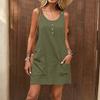 Women's Loose Casual Color U-Neck Pocket Button Adjustable Shoulder Strap Sleeveless Dress