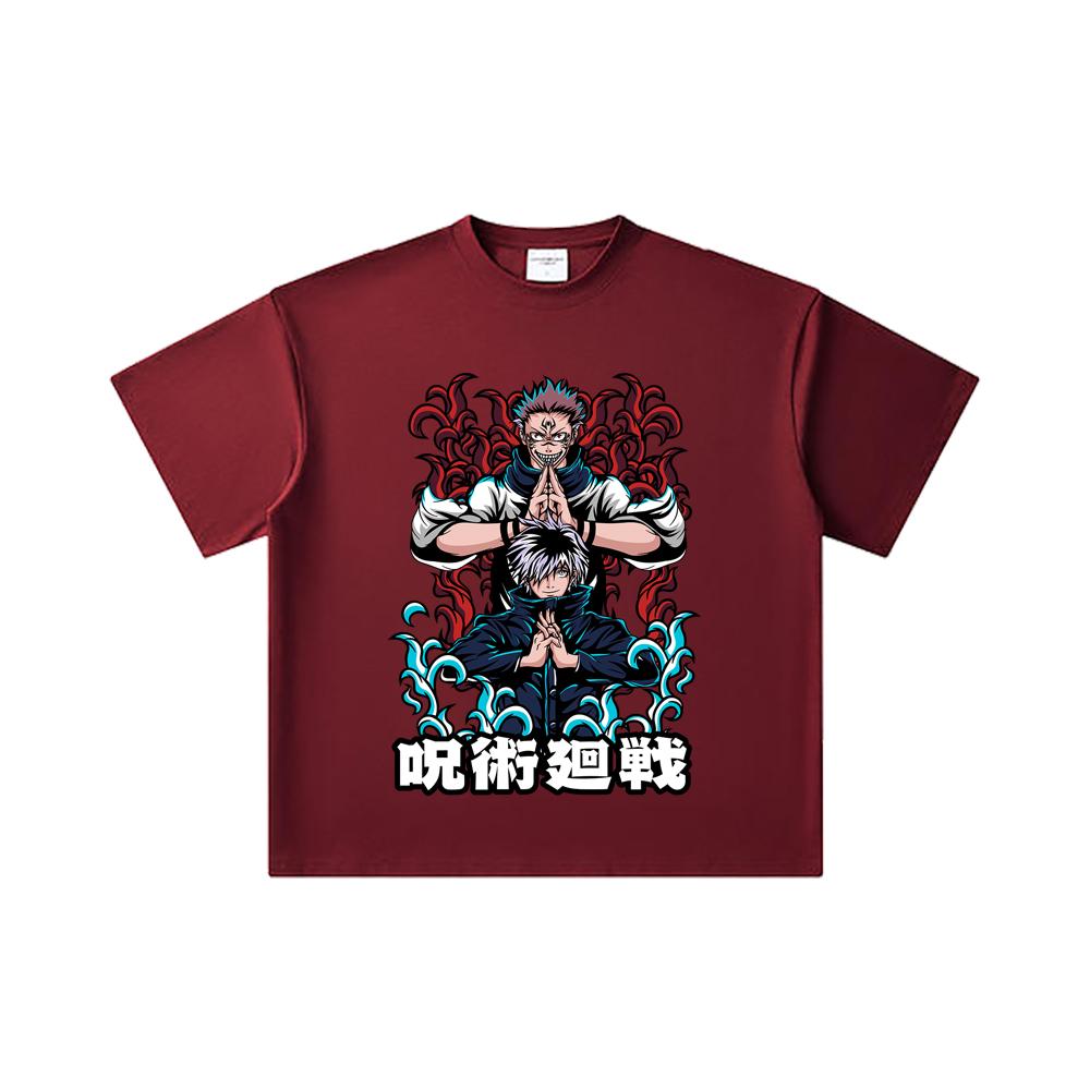 260 GSM Double Yarn 32 Count 100% Cotton Jujutsu Kaisen V49 Gojo Sukuna Print Unisex Heavy Cotton T Shirt