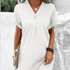 Women's V-Neck Solid Color Pullover Dress, Comfortable Casual Button-Down Midi Dress ,Casual V-Neck Solid Dress, Soft Pullover Style Button Dress