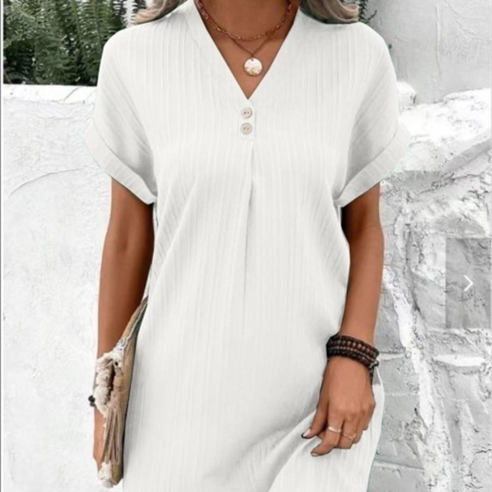 Women's V-Neck Solid Color Pullover Dress, Comfortable Casual Button-Down Midi Dress ,Casual V-Neck Solid Dress, Soft Pullover Style Button Dress