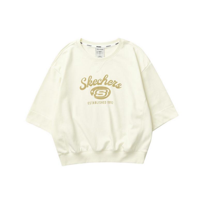 Skechers Stroll Series Letter Print Round Neck Sports Casual Breathable Three-Quarter Sleeve T-Shirt Women Tops Cream Off-White L323W014-00NA