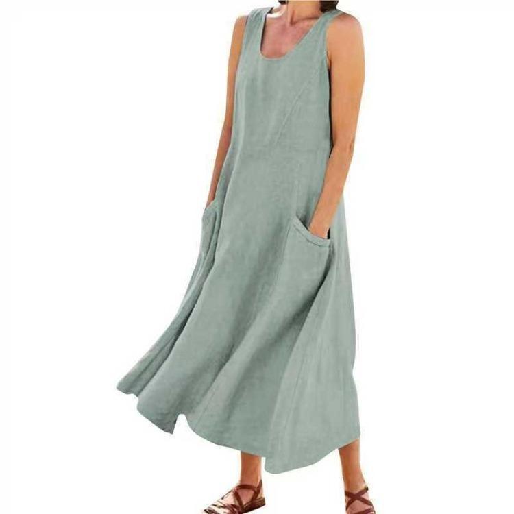 Summer Sleeveless Pocket Dress Cotton Linen Blend European American Style 19 Colors