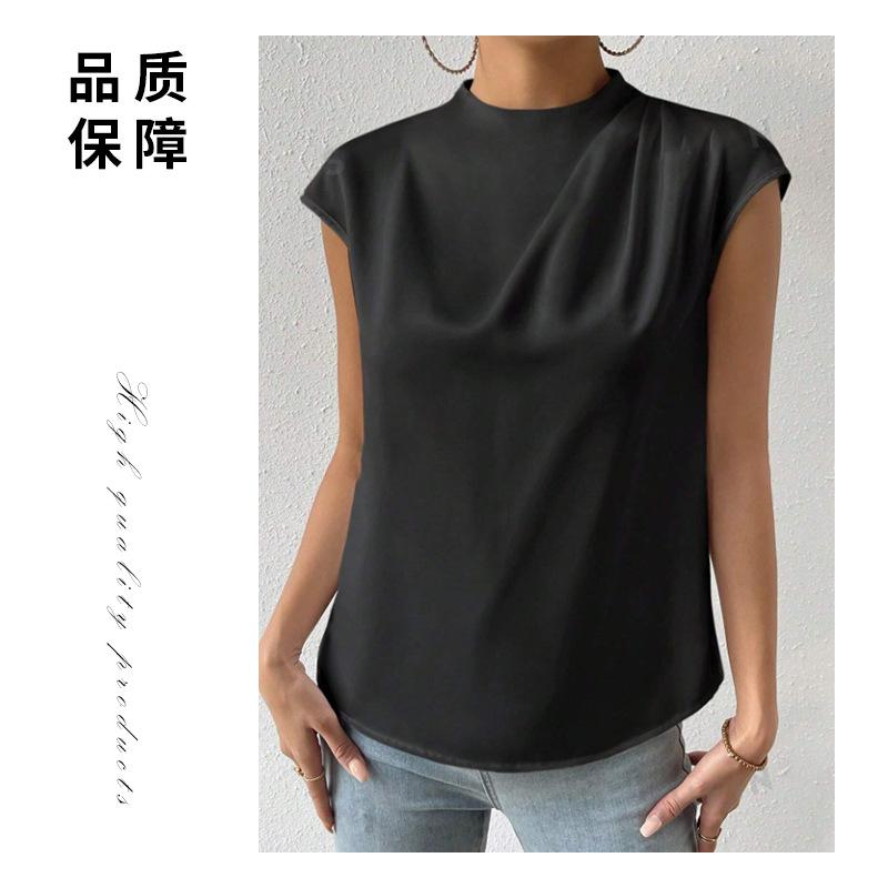 Women Satin Stand Collar Draped Cap Sleeve Blouse S чёрный