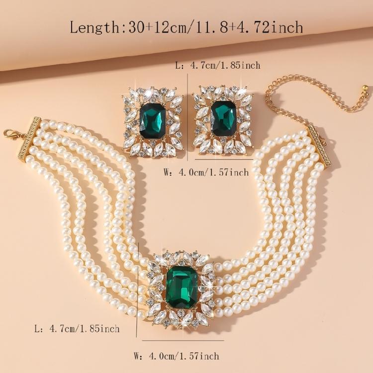 Chic Geometric Design Colorful Crystal Accented Layering Pearls Necklace And Earrings Jewelry Set for Gatherings