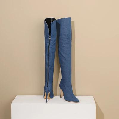 Winter Women Denim Over the Knee Boots Black Jeans High Thin Heel Pointed Toe Sexy Party Dress Lady Back Zipper Thigh High Boots