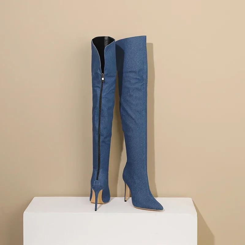 Winter Women Denim Over the Knee Boots Black Jeans High Thin Heel Pointed Toe Sexy Party Dress Lady Back Zipper Thigh High Boots