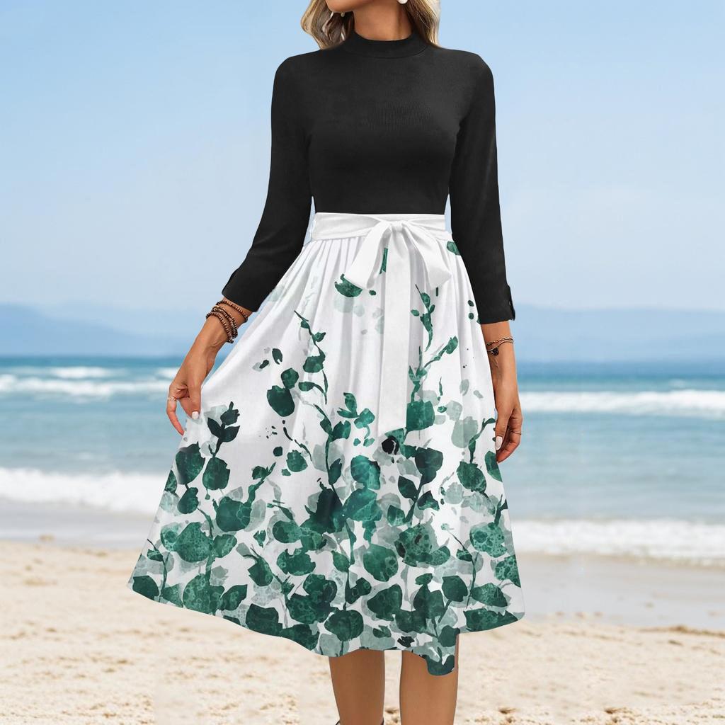 Women's Fashion Casual Belt Seven Sleeve Round Neck Floral Temperament Dresses