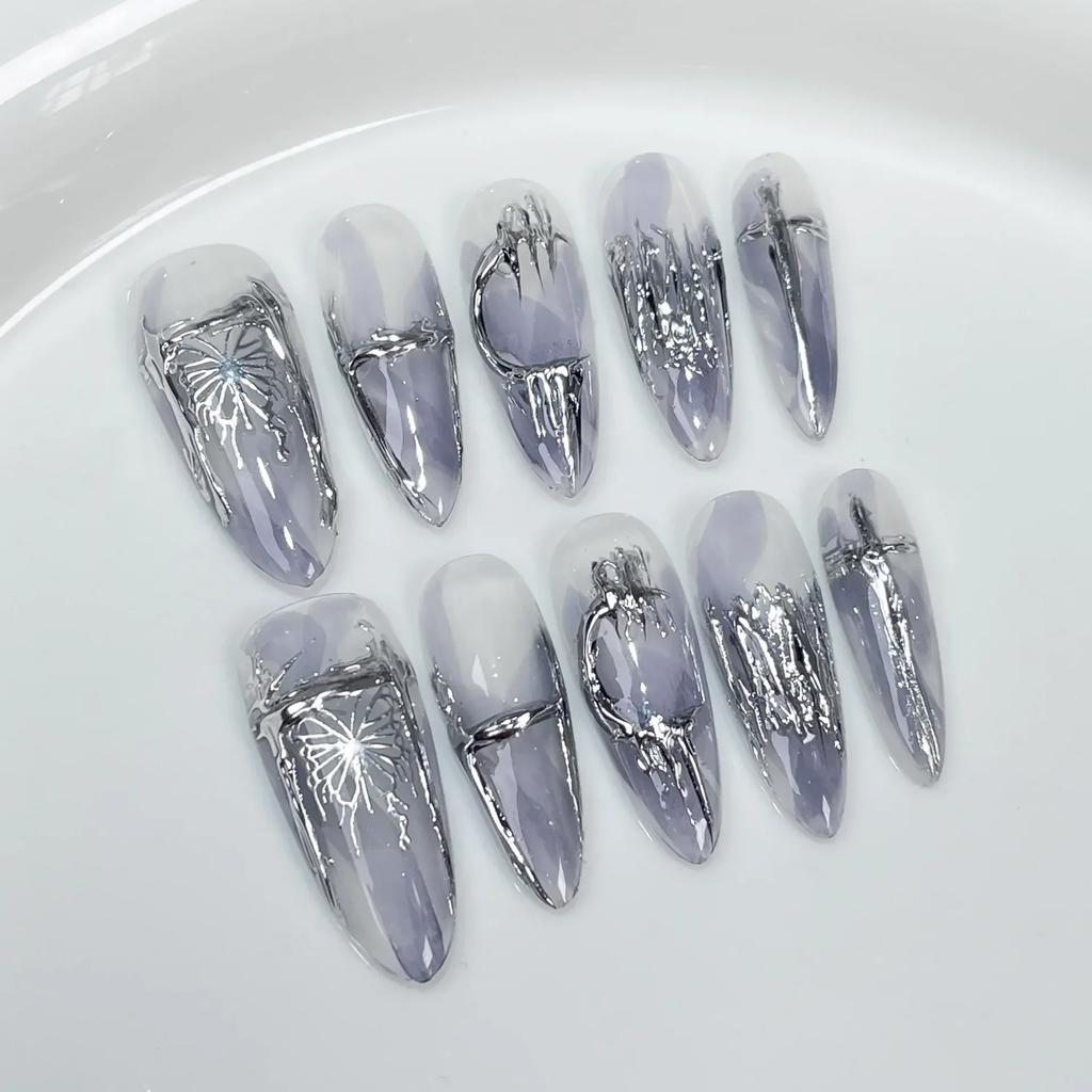 10 Pcs Long Almond Handmade Press On Nails With Rhinestones Reusable Stick On False Nails