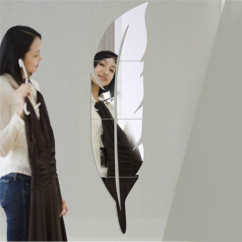 Large Feather shape Design Mirror Wall Sticker For Living Room Art Home Decor Decal DIYs Acrylic Sticker Mural Wallpaper