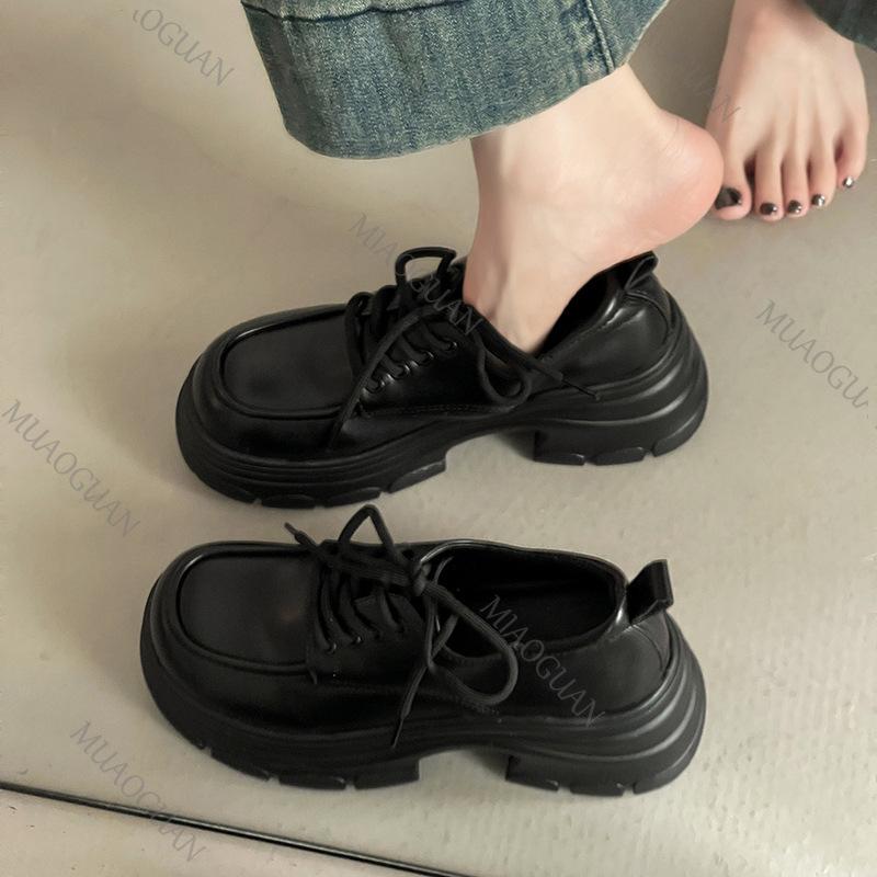 Fashion Fashion British Style Leather Loafers Black Female 2025 Autumn New Thick Bottom High Heel Shoes for Women Platform Lace Up Pumps