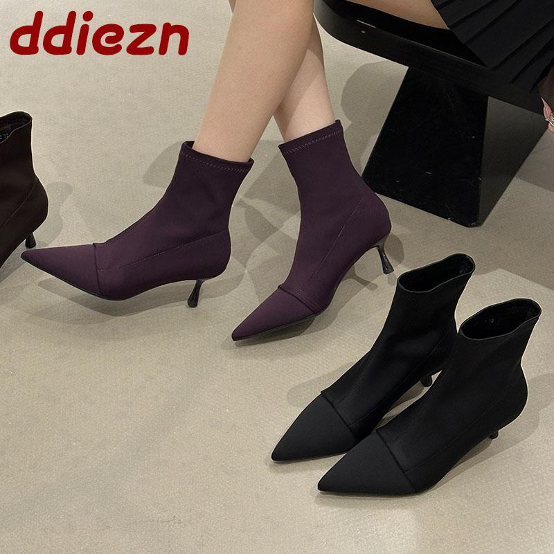 Fashion Fashion Elastic Footwear Heels Ankle Boots Shoes For Women Female Pointed Toe Ladies Short Stretch Boots Slip On Shoes