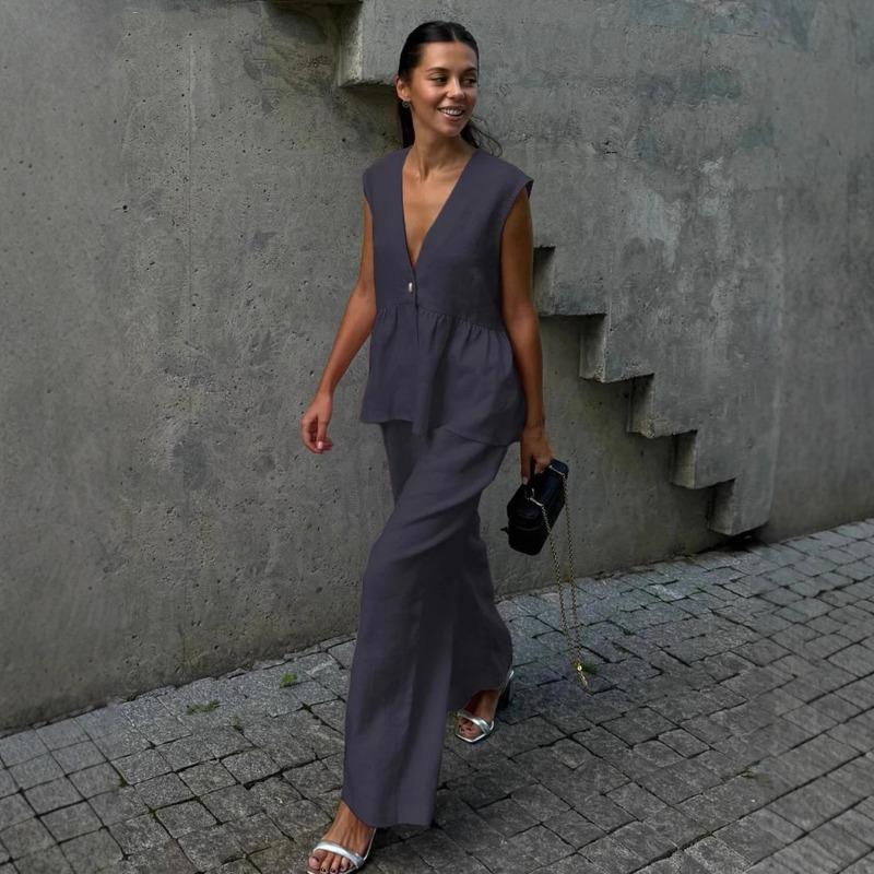 Women's V-Neck Solid Colour Sleeveless Top Vest Trousers Set