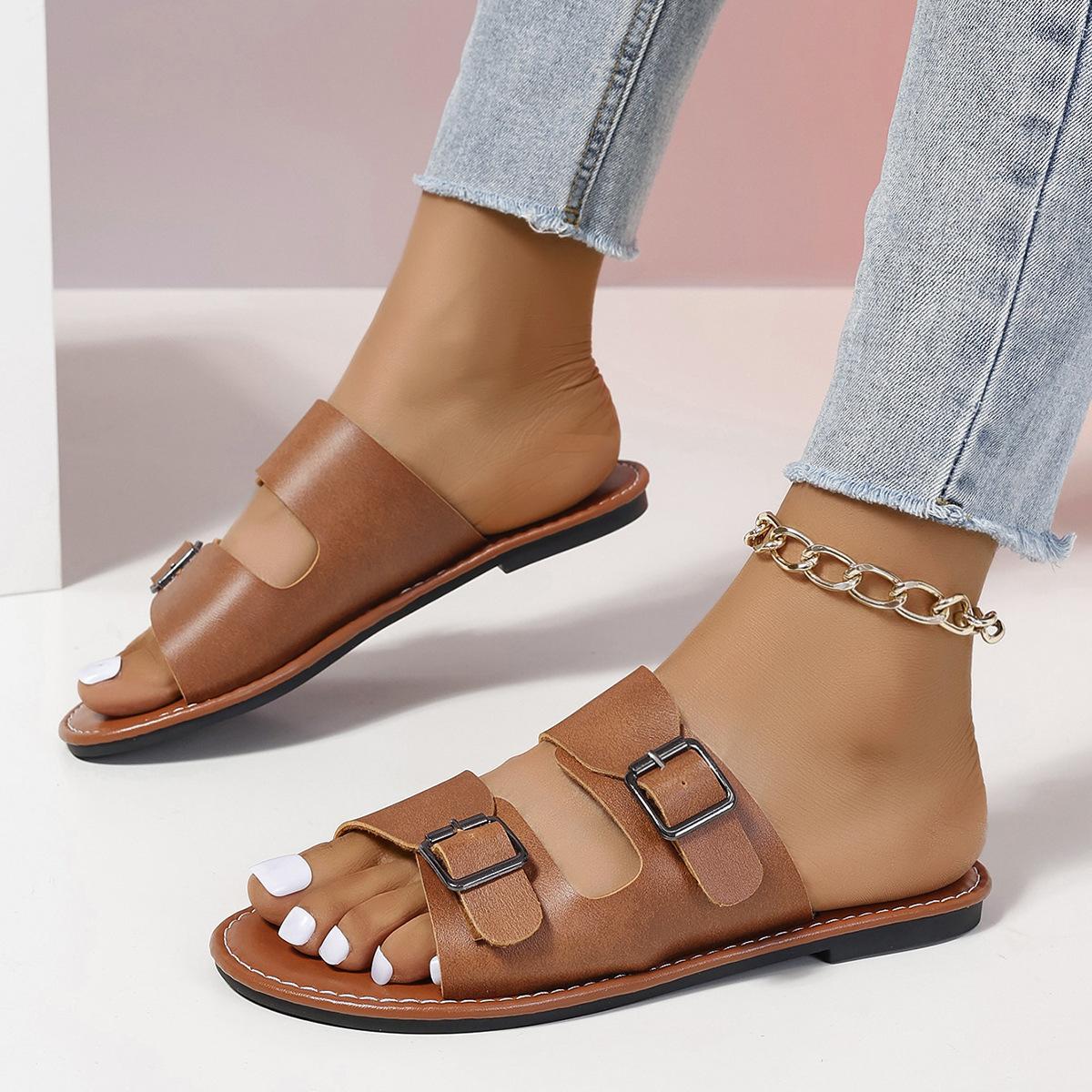 

European and American foreign trade large size buckle flat bottom one-word shoes women s open-toed retro wind beach cool slippers 2025 43 темно-коричневого кольору