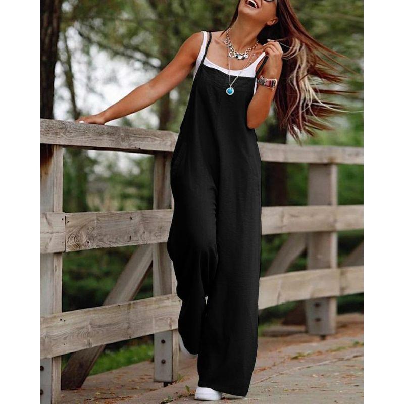 Women Casual Suspenderjumpsuit European and American Women Dark Green Casual Sling Wide Leg Jumpsuit