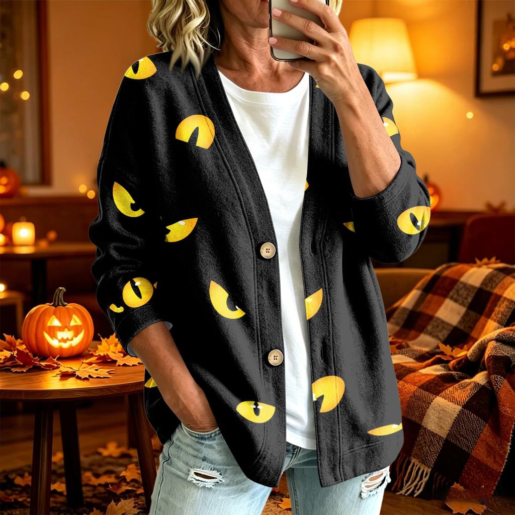 Women's Casual Long Sleeve Jacket with Halloween Print for Fall Parties and Daily Wear
