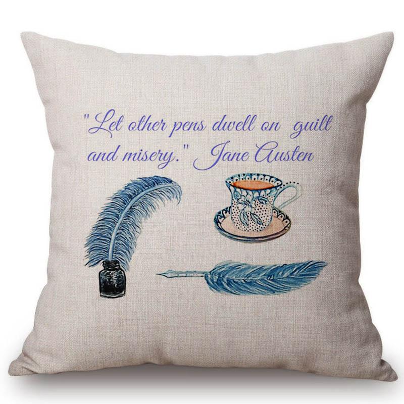 18" Square Floral Jane Austen Quotation Letter Print Sofa Throw Pillow Cover Case Cotton Linen Nordic Masterpiece Cushion Cover