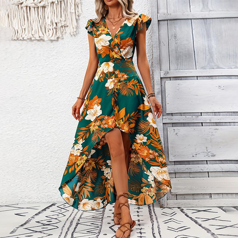 

Summer Fashion Irregular Women Dress French Vacation Style Flower Print Flying Sleeve High Waist Beach Woman Sexy V-neck Dresses S
