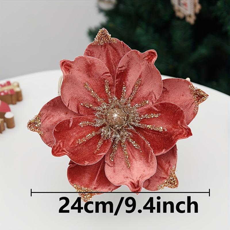 1pc Artificial Poinsettia Christmas Magnolia Flowers with Stems  Glittery Faux Flowers for Xmas, Wedding & Holiday Decor