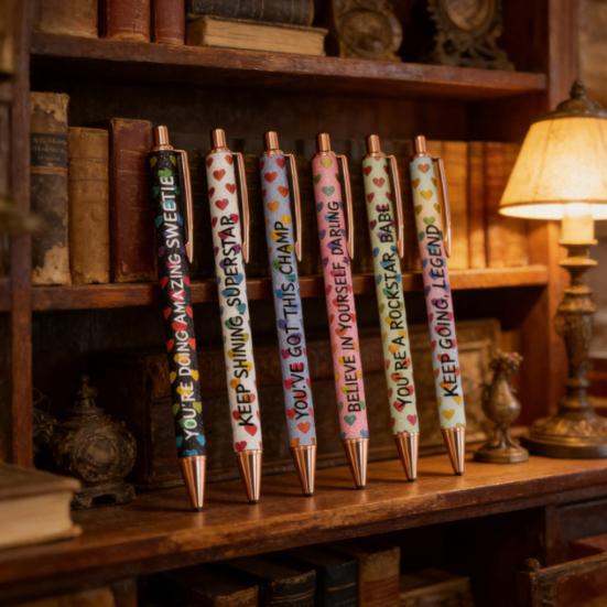 6Pcs Ballpoint Pen Retractable Heart Pattern Metal Click Pen with 1.0mm Fine Tip Smooth Writing Black Ink Pen for Teens Adults