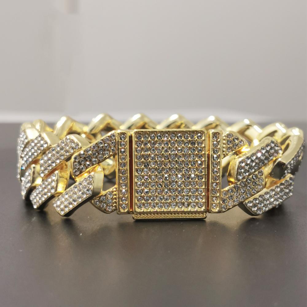 Hip Hop Shiny Cuban Link Chain Bracelets Women Men Gold Color Rhinestone Iced Out Chain Bracelets Punk Wristband Jewelry Gift
