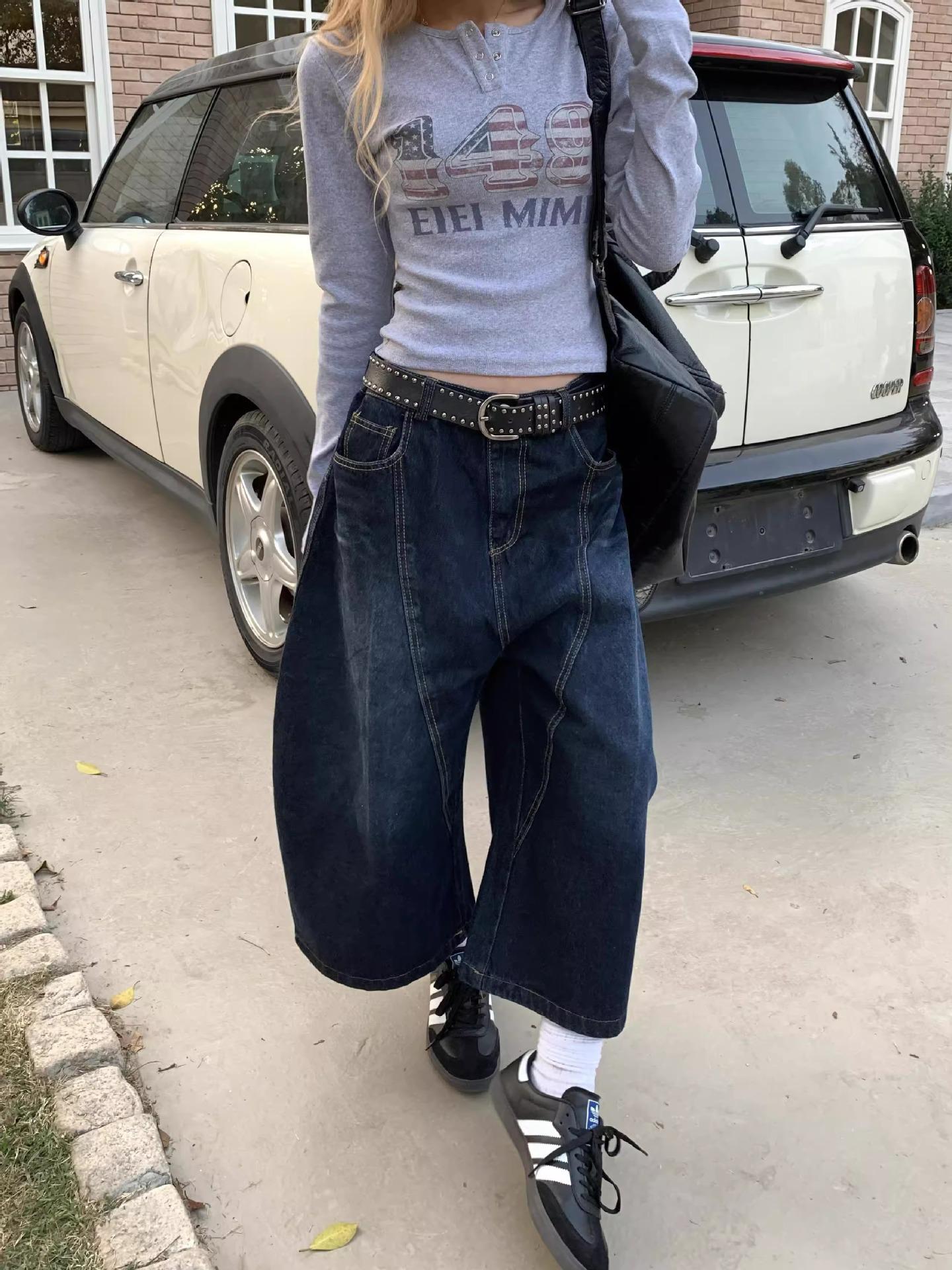 

2025 Ретро Джинсовый Пэчворк Шашка: Унисекс укороченные брюки широкого кроя M темно-синий