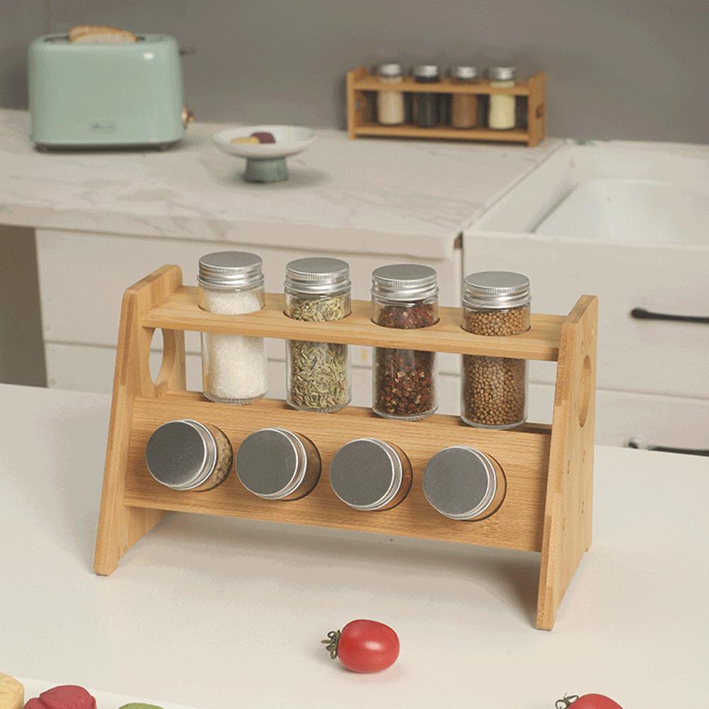2-Tier Bamboo Spice Rack Kitchen Countertop Organizer Seasoning Bottles Storage Shelf