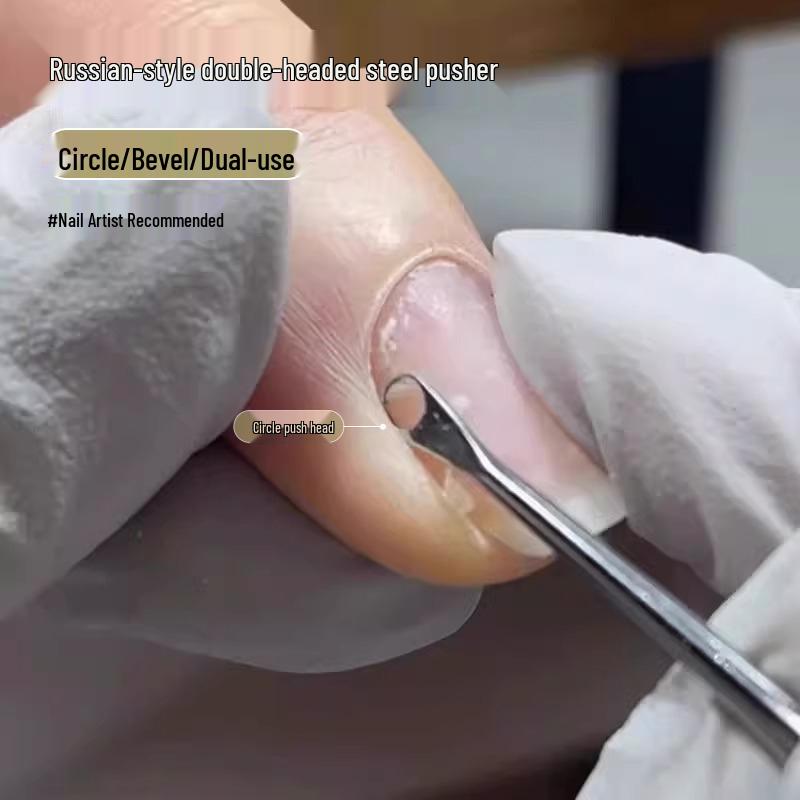Russian Style Nail Pusher: Double-Ended Steel Tool for Cuticle Care with Round & Slanted Heads, Safe for Natural Nails.